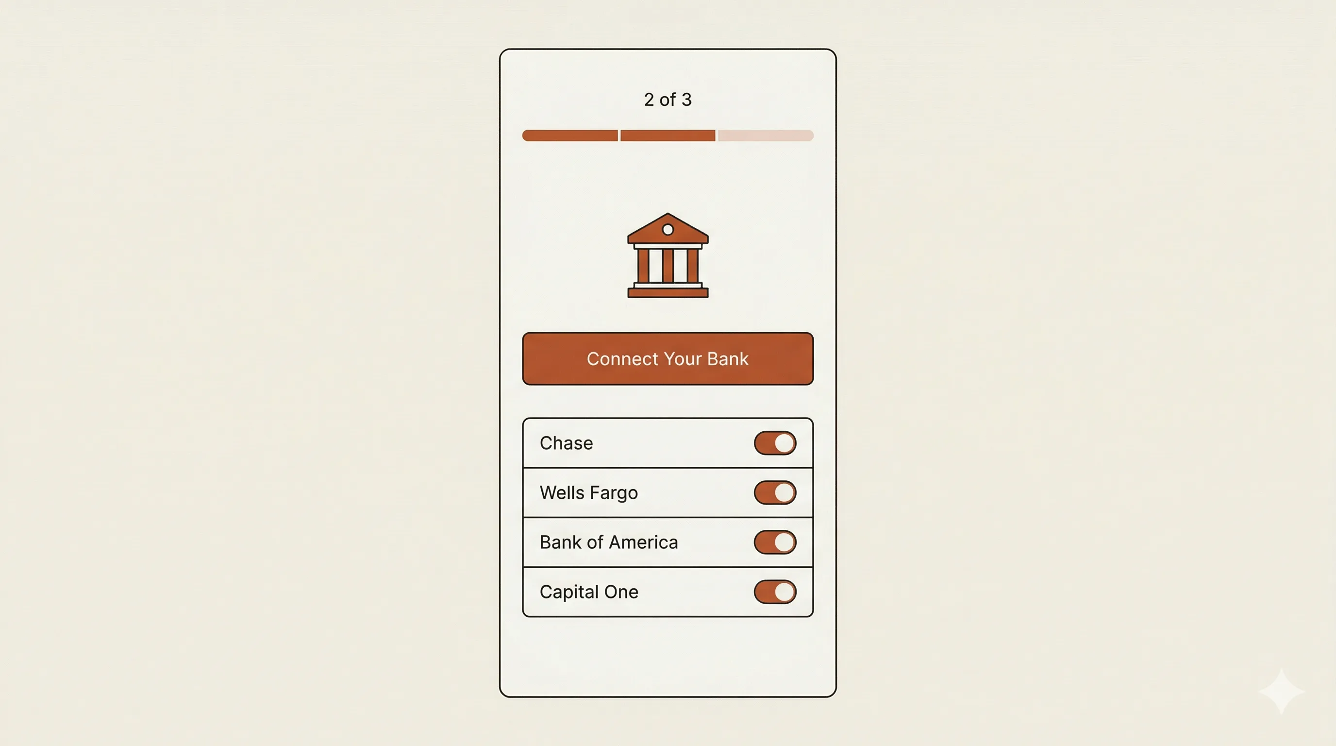 Finance app onboarding screen with Connect Your Bank button